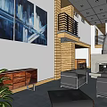 Modern Detached House Interior With Large Windows Wooden Walls Fireplace And Dining Area