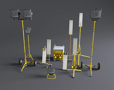 Portable Industrial Equipment With Yellow Frames Wheels Lighting Units And Metal Panels 3d model