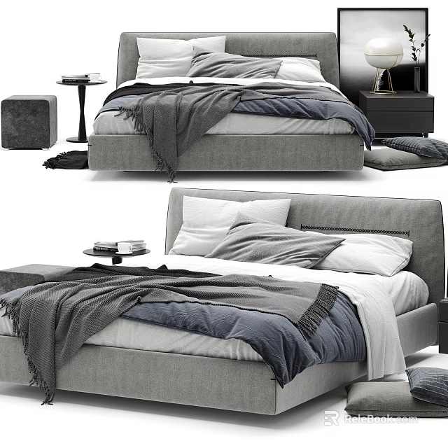 Modern Double Bed Interior With Gray Upholstered Frame Layered Bedding Plush Pillows And Throw Blanket 3d model 