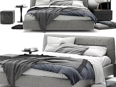 Modern Double Bed Interior With Gray Upholstered Frame Layered Bedding Plush Pillows And Throw Blanket 3d model