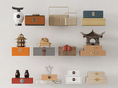 Exquisite Decorative Ornament Set With Pagoda Shaped Boxes Animal Figurines And Wooden Leather Marble Elements 3d model