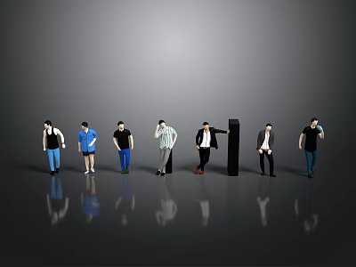 Multiple Human Characters In Different Standing Poses On Reflective Floor 3d model