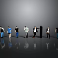Multiple Human Characters In Different Standing Poses On Reflective Floor