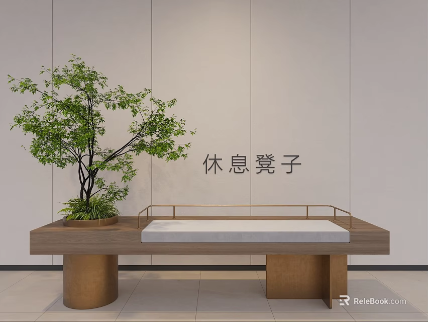 Modern Minimalist Resting Bench With Wooden Top White Cushion And Green Plant 3d model 