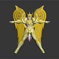 Golden Mythical Warrior Figure With Spiral Patterned Wings And Outstretched Arms