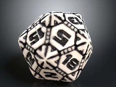 Black And White Polyhedral Dice With Geometric Patterns And Numbered Faces 3d model