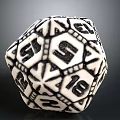 Black And White Polyhedral Dice With Geometric Patterns And Numbered Faces