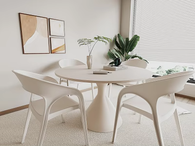 White Round Dining Table With White Chairs Vase Plants And Wall Art By Window 3d model