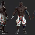 Muscular Male Character Design Front And Back Views With Mechanical Prosthetics And Red Accents