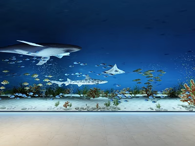 Deep Blue Aquarium Tank With Shark Ray Small Fish Corals And Aquatic Plants 3d model