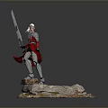 Warrior In Red Silver Armor With Red Cape And Long Sword Standing On Rock