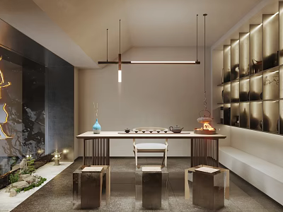 Modern Tea Room Interior With Long Table Stools Hanging Lights Shelves Decorations And Green Plants 3d model