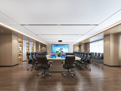Modern Conference Room With Long Table Black Office Chairs Large Screen Wooden Walls And Bookshelves 3d model