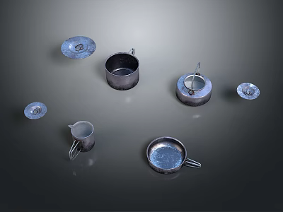 Scattered Metal Household Items Including Mugs And Plates On Dark Background 3d model