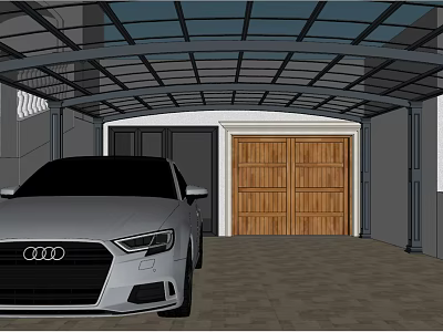 Outdoor Modern Covered Carport With Wooden Garage Door And Car Parking 3d model