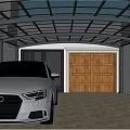 Outdoor Modern Covered Carport With Wooden Garage Door And Car Parking