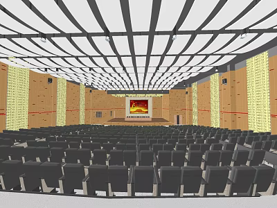 Large Conference Room With Rows of Seats Stage Background Screen and Ceiling Design 3d model