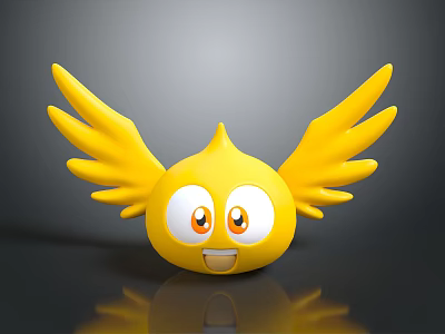 Yellow Cartoon Creature With Big Eyes Smiling Face And Wings On Reflective Background 3d model