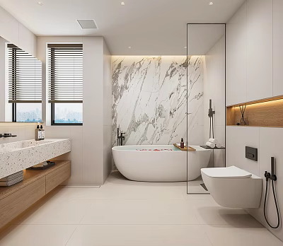 Modern Bathroom Interior With Marble Wall Freestanding Bathtub Double Vanity And Natural Light 3d model