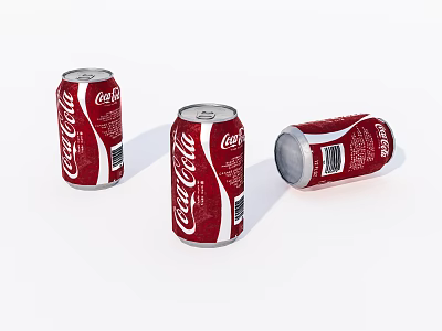 Three Red Coca-Cola Cans With Silver Pull Tabs Standing And Tilted Positions 3d model