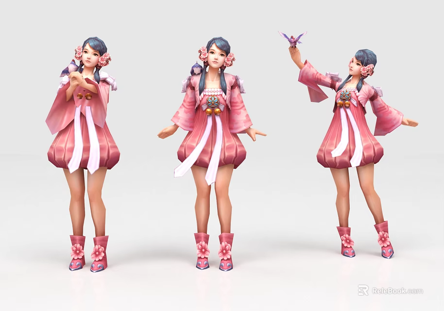 Game and Movie Female Character in Pink Kimono with Various Poses and Flower Hair Accessories 3d model 