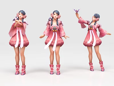 Game and Movie Female Character in Pink Kimono with Various Poses and Flower Hair Accessories 3d model