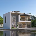 Modern Two Story Detached Villa With Large Windows Spacious Driveway And Green Trees