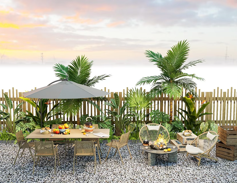 Scenic Outdoor Photo Spot With Sunset Palm Trees Bamboo Fence Wicker Chairs And Fire Pit 3d model 