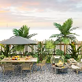 Scenic Outdoor Photo Spot With Sunset Palm Trees Bamboo Fence Wicker Chairs And Fire Pit