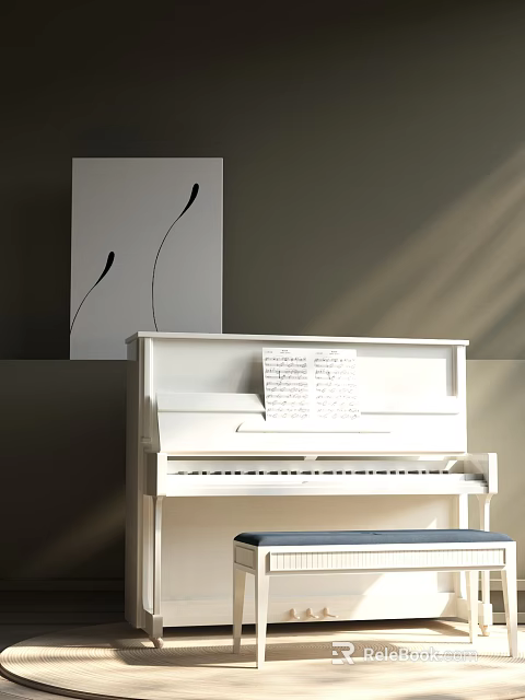 Bright Piano Room Interior With White Piano Music Sheets And Wall Artwork 3d model 