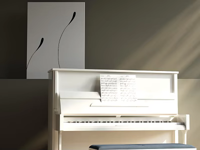 Bright Piano Room Interior With White Piano Music Sheets And Wall Artwork 3d model