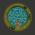 Round Pool Scene With Wooden Bridge Small Boat Green Trees And White Stones