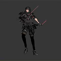 Game Movie Female Character With Long Black Hair In Combat Armor Red Swords Battle Stance