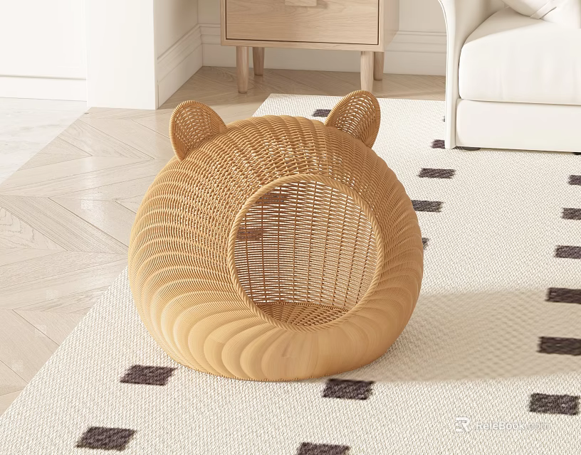 Cute Bear Ear Shaped Rattan Pet Bed For Indoor 3d model 