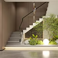 Modern Staircase With White Steps Glass Railing LED Strip Lights And Green Plants