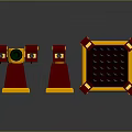 Red And Yellow Weapon Models With Mechanical Structure And Square Frame Design