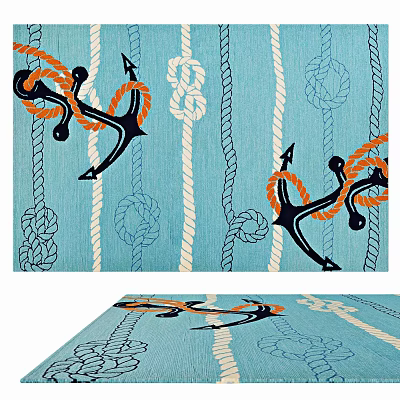 Stylish Square Rug With Anchor And Rope Patterns In Blue Nautical Design For Home Decor 3d model