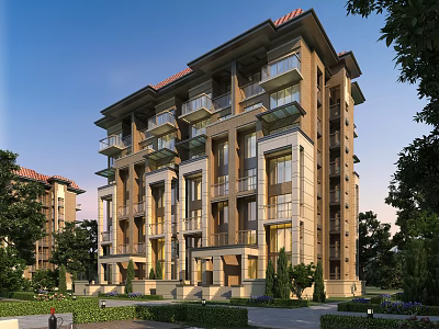 Modern Residential Building Exterior with Balconies Large Windows and Green Landscaping 3d model