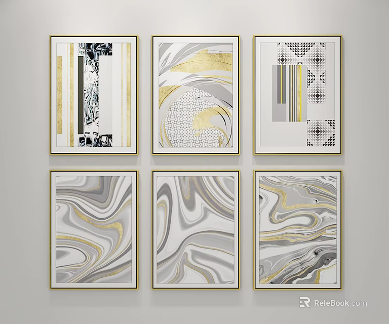 Modern Decorative Paintings With Gold Gray Tones And Marble Geometric Patterns 3d model
