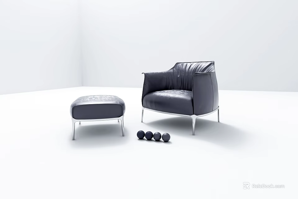 Modern Leather Single Sofa with Metal Legs Ottoman and Black Decorative Balls 3d model 