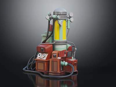 Vintage Industrial Equipment with Silver Dome Yellow Cylindrical Section Metal Pipes Control Panel and Cables 3d model