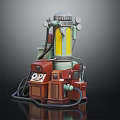 Vintage Industrial Equipment with Silver Dome Yellow Cylindrical Section Metal Pipes Control Panel and Cables