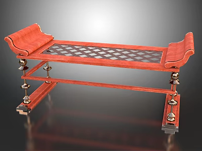 Classical Red Bench With Curved Armrests Lattice Seat And Decorative Metal Supports 3d model