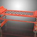 Classical Red Bench With Curved Armrests Lattice Seat And Decorative Metal Supports