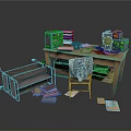 Vintage Office Setup With Wooden Desk Antique Radio File Cabinet Metal Cart Chair And Books