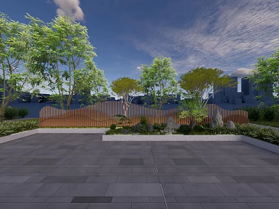 Wavy Wooden Landscape Wall Surrounded by Trees and Greenery in Paved Area 3d model