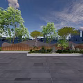 Wavy Wooden Landscape Wall Surrounded by Trees and Greenery in Paved Area