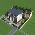 Two Story Detached Villa With Black Tiles Roof Parking Space Green Lawn And Swimming Pool