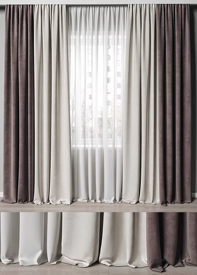 Brown And Beige Window Curtains With White Sheer Panels For Interior Decor 3d model