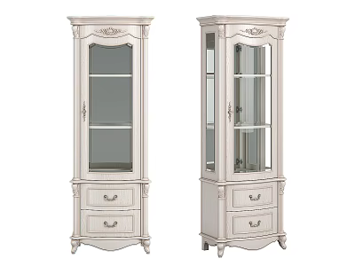 Pair of White Sideboard Cabinets With Glass Doors Drawers And Classic Carved Details 3d model